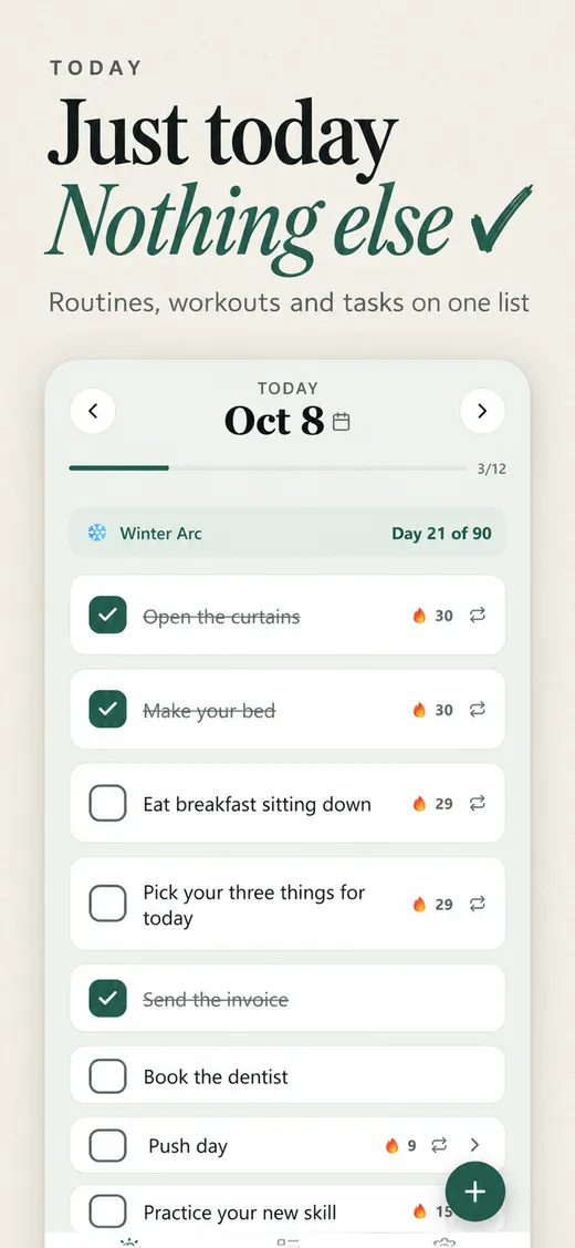 Tickza's Today screen: routines, workouts and tasks on one list