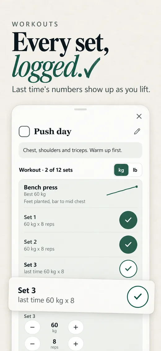 A workout in Tickza, with each set ticked off and last time's numbers