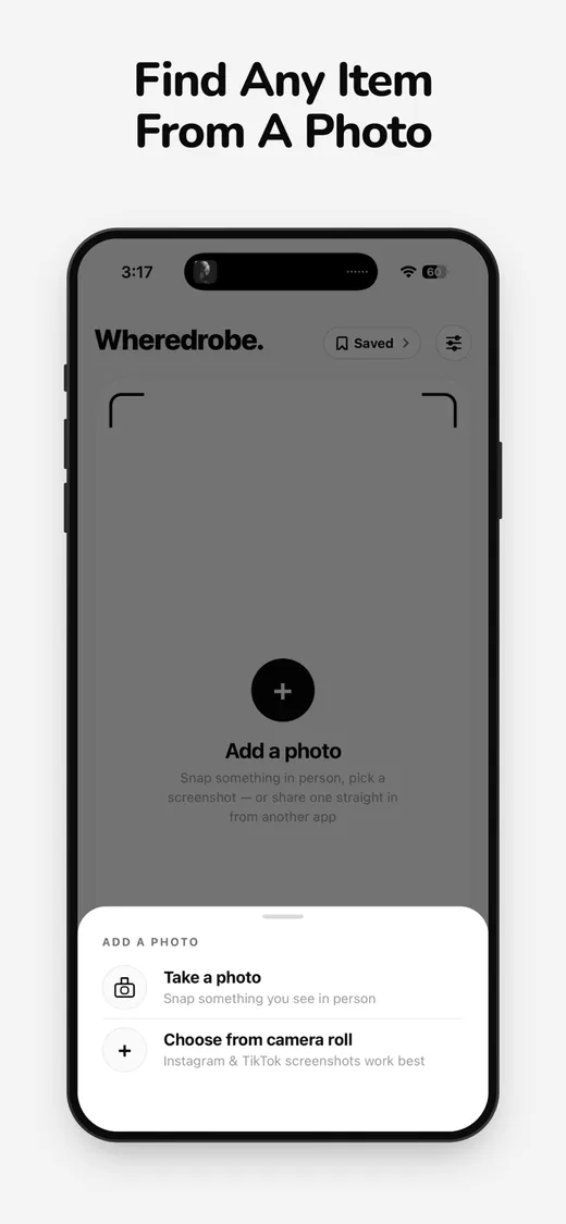 Wheredrobe's start screen: take a photo or choose one from your camera roll
